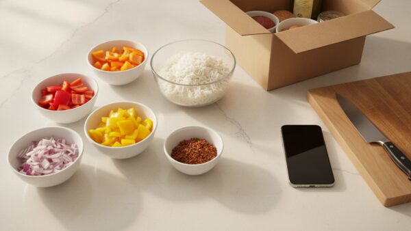 hellofresh login bild 3 Ausgepackte Kochbox-Zutaten auf der Arbeitsplatte – Rezepte, Box und Lieferung im HelloFresh-Kundenkonto verwalten