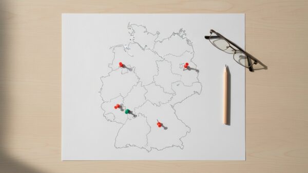 hellweg insolvenz bild 2 Unbeschriftete Deutschlandkarte mit roten und grĂŒnen Stecknadeln auf einem Holztisch