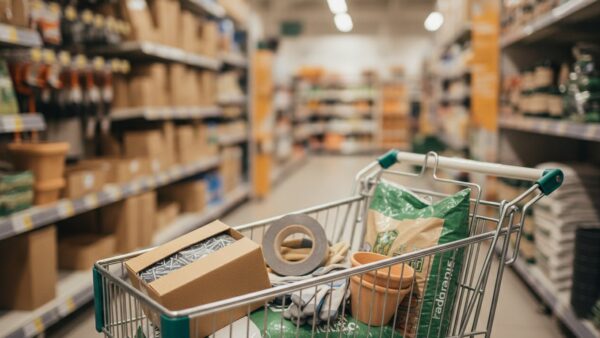 hellweg insolvenz bild 3 Einkaufswagen mit Schrauben, Klebeband, Arbeitshandschuhen, Blumenerde und einem Pflanztopf