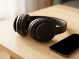 Schwarze Kopfhörer neben einem Smartphone mit dunklem Bildschirm