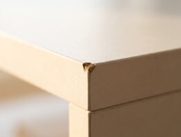 Kleine Absplitterung an der Ecke einer hellen Holzplatte