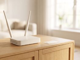 Stationärer LTE-Router mit SIM-Karte auf einem Sideboard im Wohnzimmer