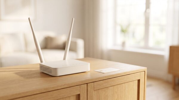 Stationärer LTE-Router mit SIM-Karte auf einem Sideboard im Wohnzimmer