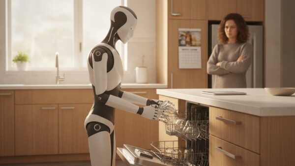 humanoide roboter kaufen alltag Humanoider Roboter im Alltag: Roboter räumt Spülmaschine ein, Frau beobachtet skeptisch