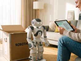 Humanoiden Roboter kaufen: kompakter Roboter im Wohnzimmer neben dem Versandkarton