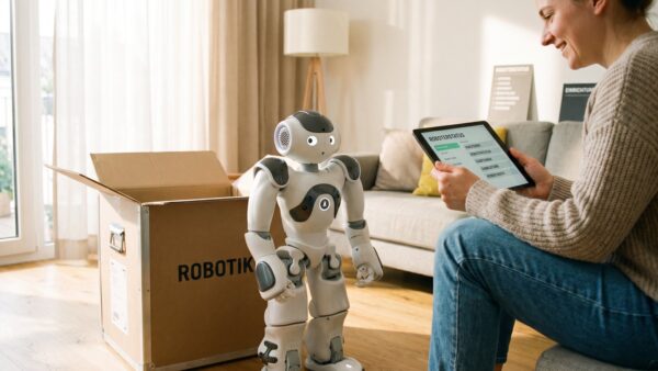 humanoide roboter kaufen bestellen Humanoiden Roboter kaufen: kompakter Roboter im Wohnzimmer neben dem Versandkarton
