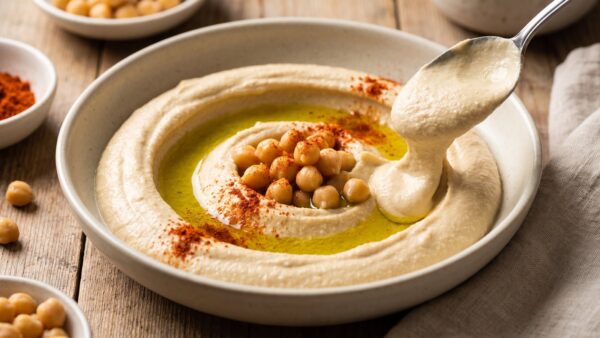 hummus selber machen cremig Cremiger selbstgemachter Hummus mit Olivenöl in einer Schale