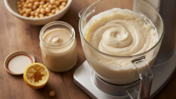 hummus selber machen emulsion Tahin und Zitronensaft in der KĂĽchenmaschine emulgieren