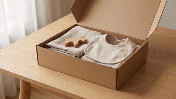 Geoeffnete Pappbox mit Textilien und Holzspielzeug