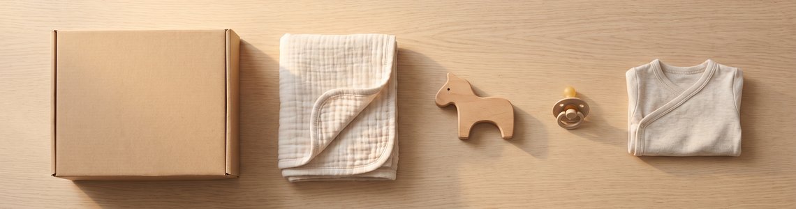 Pappbox mit Babytuch, Holzspielzeug und Schnuller
