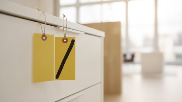 ikea preissenkung bild 3 Leeres gelbes Preisschild an einem weißen Möbelstück, daneben ein durchgestrichenes Schild