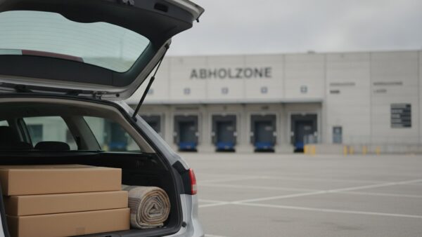 ikea preissenkung bild 4 Offener Kofferraum eines Kombis mit flachen Möbelkartons vor einer Abholhalle