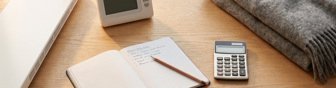 Infrarotheizung Stromkosten berechnen: Heizpaneel, Thermostat und Taschenrechner auf dem Schreibtisch