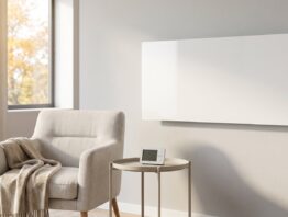 Infrarotheizung als Wandpaneel im Wohnzimmer neben Sessel und Raumthermostat