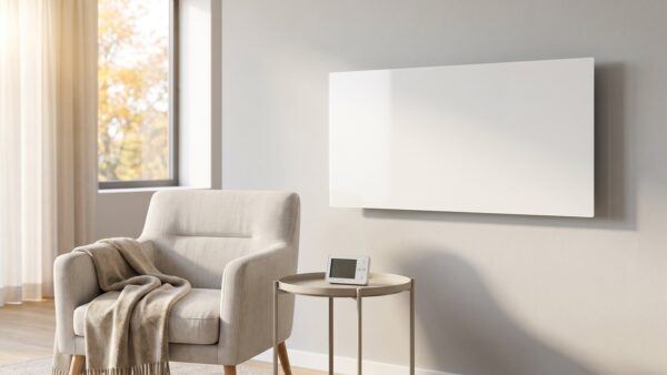 infrarotheizung stromkosten wohnraum Infrarotheizung als Wandpaneel im Wohnzimmer neben Sessel und Raumthermostat