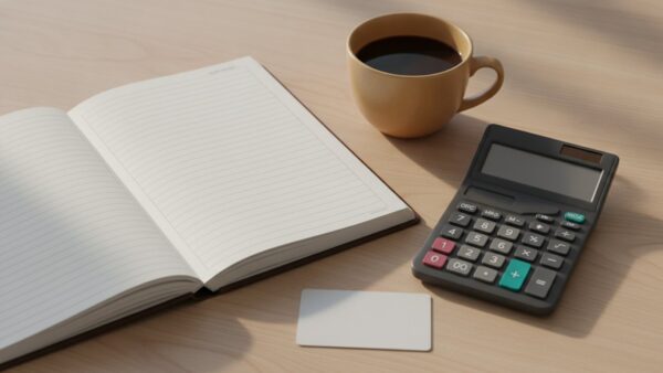 ing girokonto 2027 bild 2 Haushaltsbuch, Taschenrechner und Bankkarte auf einem Küchentisch zum Nachrechnen der Kontogebühren