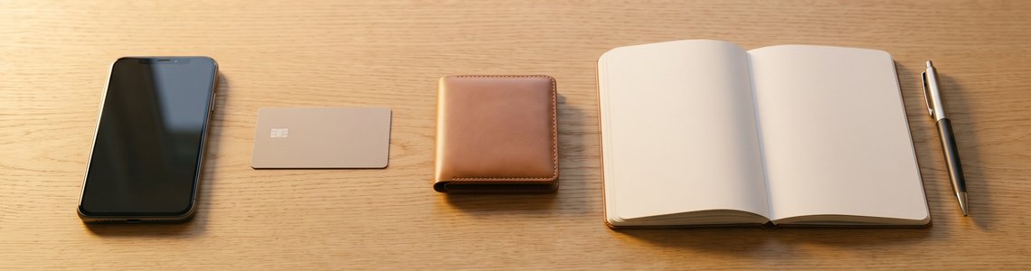 Schreibtisch mit Smartphone, neutraler Bankkarte, Portemonnaie und Notizbuch als Symbol für das Girokonto
