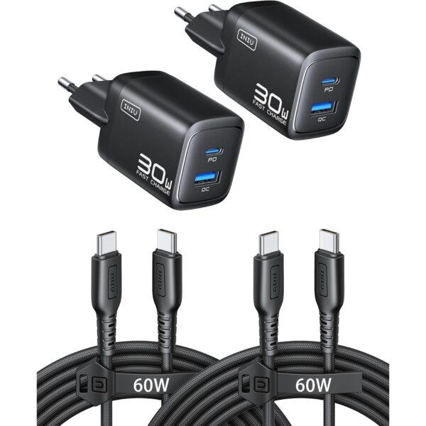 INIU 30W USB C Ladegerät 2er-Pack mit 1,5m 60W USB-C Kabeln