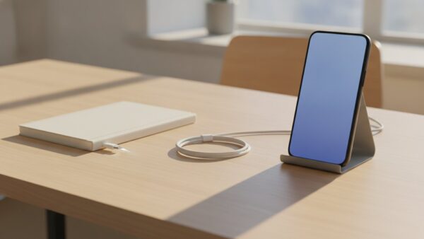ios 27 funktionen bild 2 Smartphone im Ständer mit leuchtender, leerer Displayfläche neben Notizbuch und Ladekabel