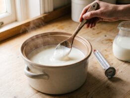 joghurt selber machen anleitung Joghurt selber machen Anleitung: Joghurt wird in warme Milch eingeruehrt