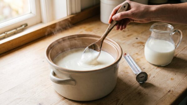 joghurt selber machen anleitung Joghurt selber machen Anleitung: Naturjoghurt wird als Starter in warme Milch eingeruehrt