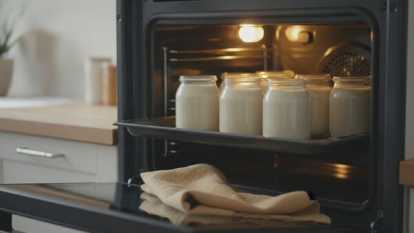 joghurt selber machen backofen Joghurt im Backofen machen: verschlossene Glaeser mit Joghurtmasse auf dem Blech