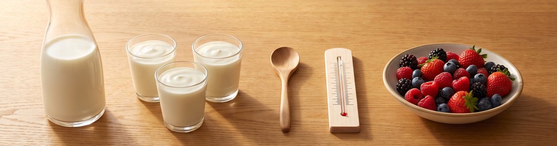 Joghurt selber machen: Milch, Glaeser mit Naturjoghurt und Kuechenthermometer