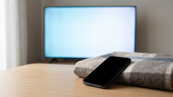 joyn login bild 1 Smartphone mit leerem Display auf einem Couchtisch vor einem unscharf leuchtenden Fernseher