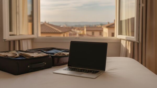 joyn login bild 4 Aufgeklappter Laptop mit leerem Bildschirm auf einem Hotelbett vor einem offenen Fenster mit Blick ĂŒber HausdĂ€cher