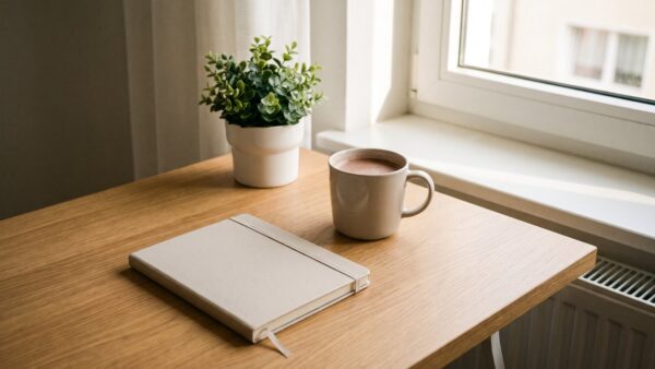 Aufgeräumter Schreibtisch am Fenster mit Notebook und Kakao