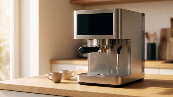 kaffeemaschine mit mahlwerk bild 2 Edelstahlmaschine mit dunklem Display und zwei leeren Tassen