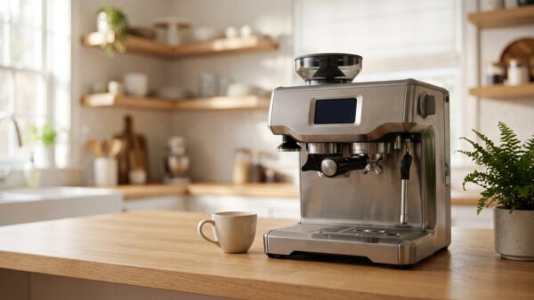 Espressomaschine ohne Aufdruck auf einer hellen Küchenarbeitsplatte