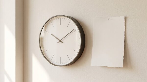 Analoge Wanduhr und Kalenderblatt auf einer hellen Wand