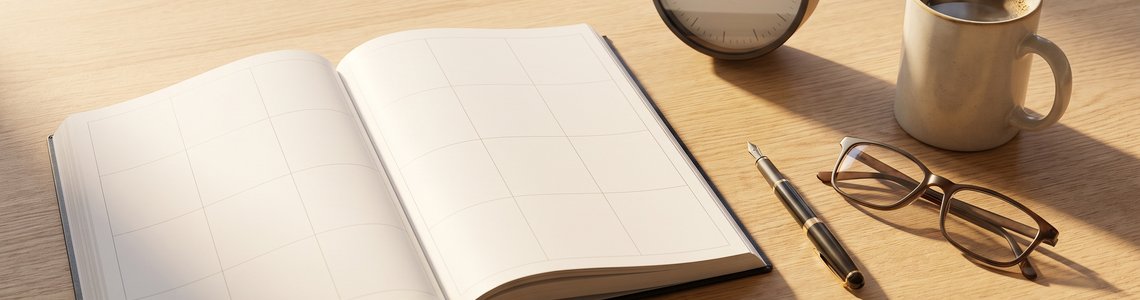 Jahresplaner, Tischuhr und Fueller auf einem Schreibtisch