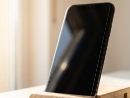 Ausgeschaltetes Smartphone mit schwarzem Display in einem Halter