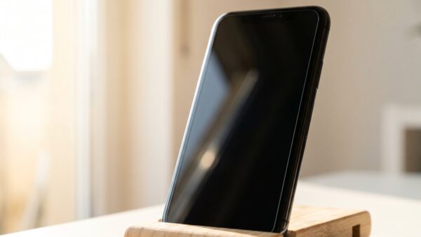 kapten and son rabattcode bild 1 Ausgeschaltetes Smartphone mit schwarzem Display in einem Halter