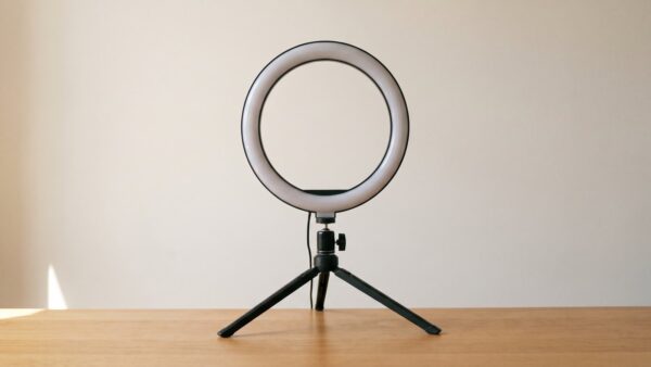 kapten and son rabattcode bild 3 Ausgeschaltetes Ringlicht auf einem Stativ vor heller Wand