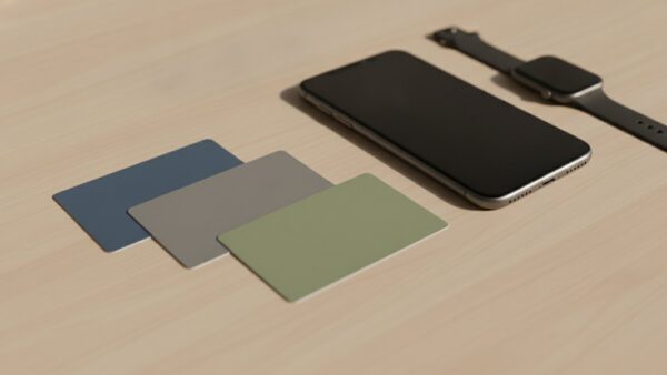 kartenzahlung pflicht bild 2 Drei unbedruckte Karten, Smartphone und Smartwatch auf heller HolzflÀche
