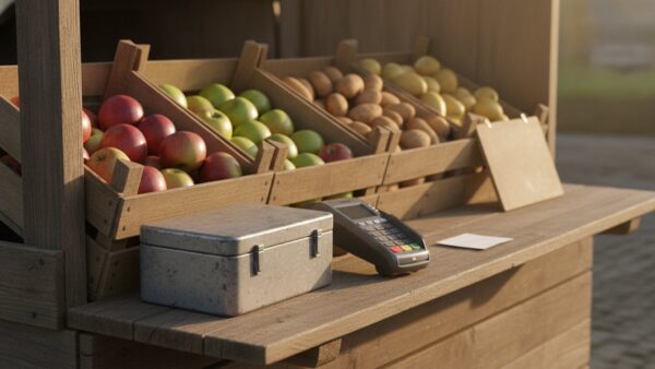 kassenbon digital bild 3 Marktstand mit Obstkisten, einer alten Geldkassette und einem modernen Kassengerät