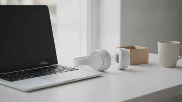 kassenbon digital bild 4 Schreibtisch mit Laptop, weißen Kopfhörern und einer leeren Kartonschachtel