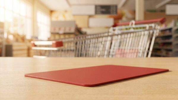 kaufland card bild 1 Unbedruckte rote Kundenkarte auf heller Holzfläche vor Einkaufswagen