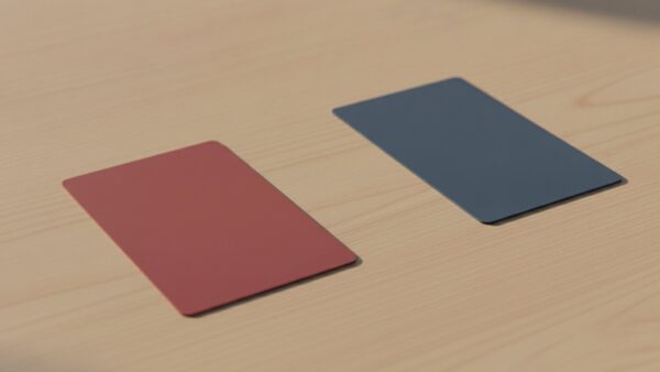kaufland card bild 4 Zwei unbedruckte Kundenkarten mit Abstand nebeneinander auf Holz
