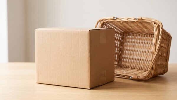 kaufland lieferservice bild 1 Versandkarton neben umgelegtem leerem Einkaufskorb auf Holz