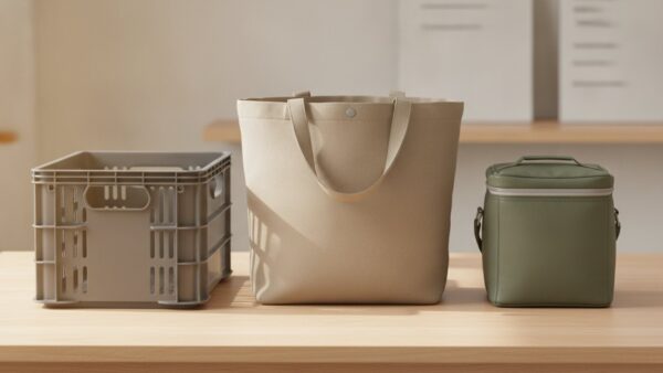 kaufland lieferservice bild 4 Kunststoffkiste, Stofftasche und Kuehltasche nebeneinander auf Holz