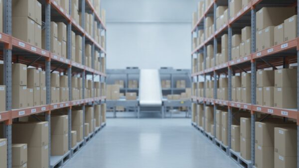 kaufland onlineshop bild 2 Regalreihen mit unbedruckten Kartons in einer hellen Lagerhalle