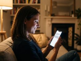 Frau erlebt einen Kaufrausch beim abendlichen Online-Shopping am Smartphone