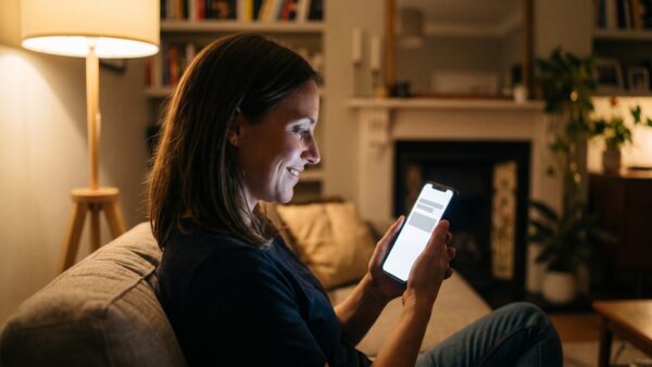 kaufrausch belohnung Frau erlebt einen Kaufrausch beim abendlichen Online-Shopping am Smartphone