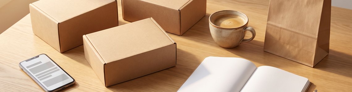 Schreibtisch mit Paketen und Notizbuch zum Thema Kaufrausch