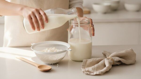 Milch wird beim Kefir selber machen in ein Einmachglas mit Kefirknollen gegossen