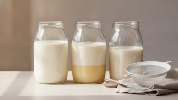 Drei Gläser zeigen cremigen, getrennten und übersäuerten Kefir beim Kefir selber machen